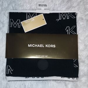 Michael Kors Black and White Scarf and Hat Set